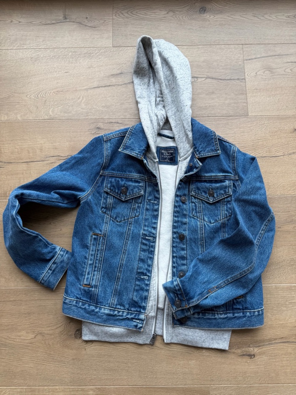 Abercrombie & Fitch Blue Denim Jacket with Grey Hood
